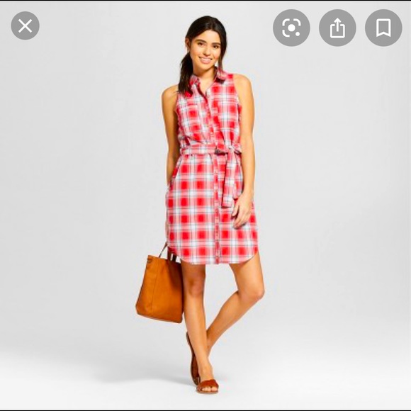 Red Plaid Button Down Sleeveless Shirtdress - Picture 2 of 4